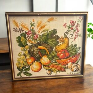 Vintage Finished Cross-Stitch Needlepoint Framed Art Harvest 14"x17"  Autumn
